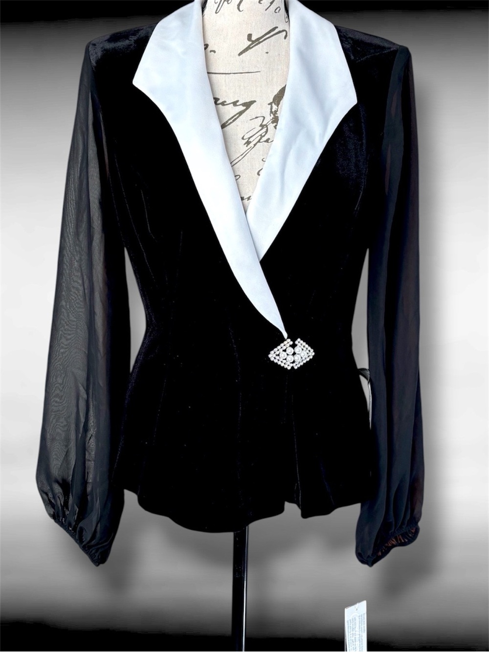Alex Evenings Small Fancy White Collared Black Dressy Velvet Formal Blouse NWT